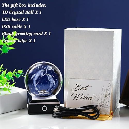 Miniatura 7 de Enjinkail Bola de cristal 3D, delfín, regalos para mujeres, hombres y adultos, adorno de globo de nieve con base LED, luz nocturna grabada con