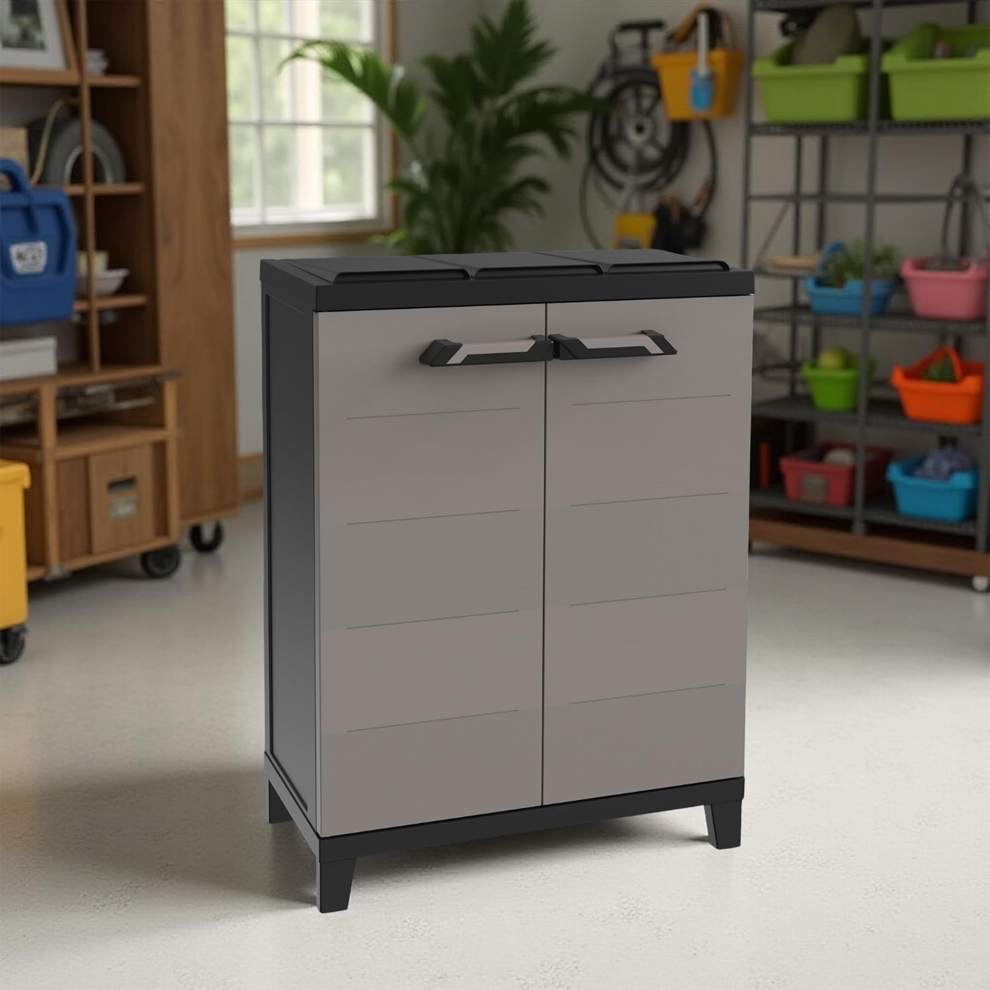 Sicignano Armadio Raccolta Differenziata in Plastica Riciclata per Interno ed Esterno con 2 Ante e Ripiani di Sicurezza – Antracite/Grigio Tortora 66x40x172 cm