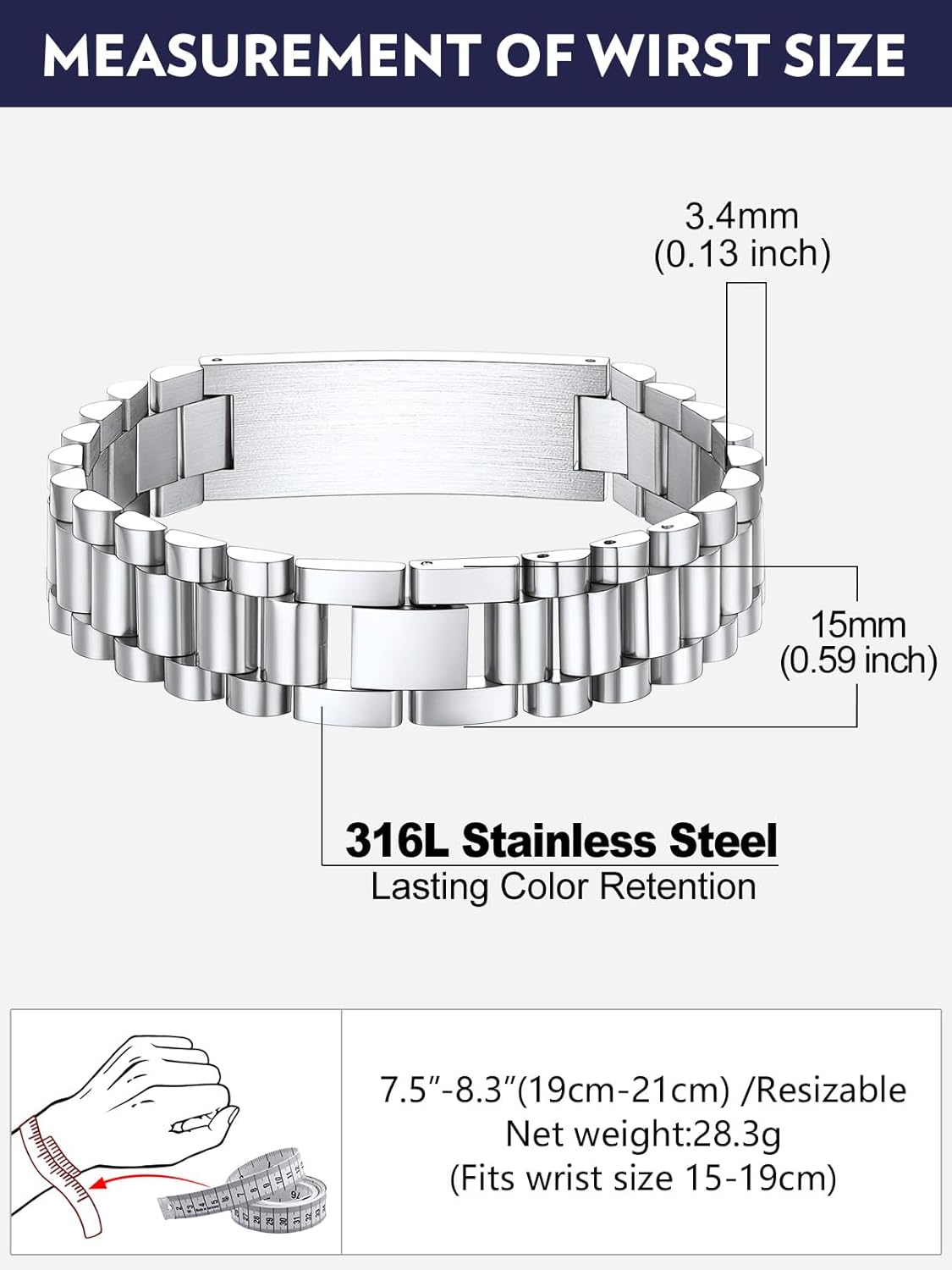 Bandmax Stainless Steel Watch Strap Link Chain Bracelets 10MM/15MM Waterproof Chic Chunky Fake Watch Hand Chain Wristbands Gift for Men Women, Custom Available