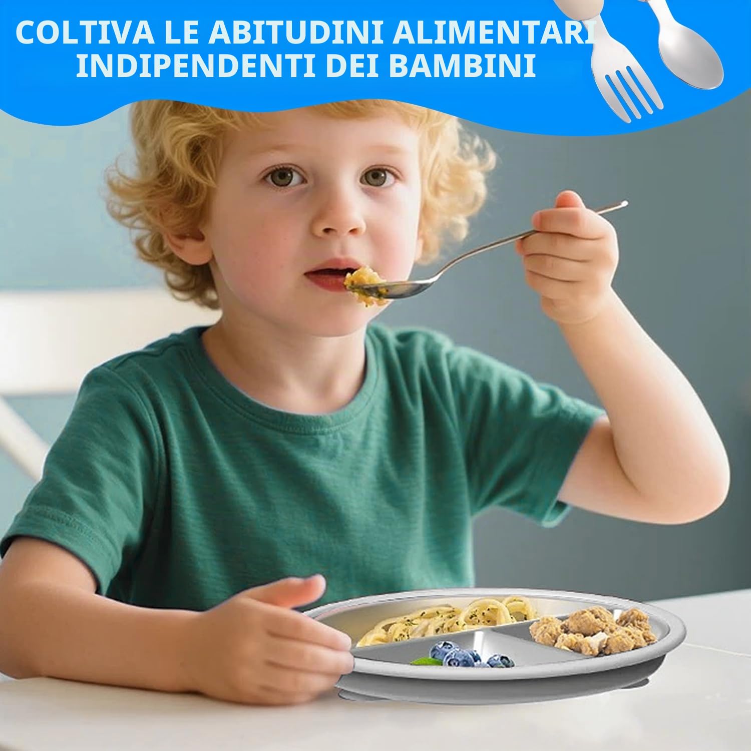 2 piatti a ventosa per bambini, in acciaio inox, con 2 cucchiai e forchette, piatti divisi per bambini, utensili per bambini, set di alimentazione antiscivolo, senza BPA (grigio + beige)