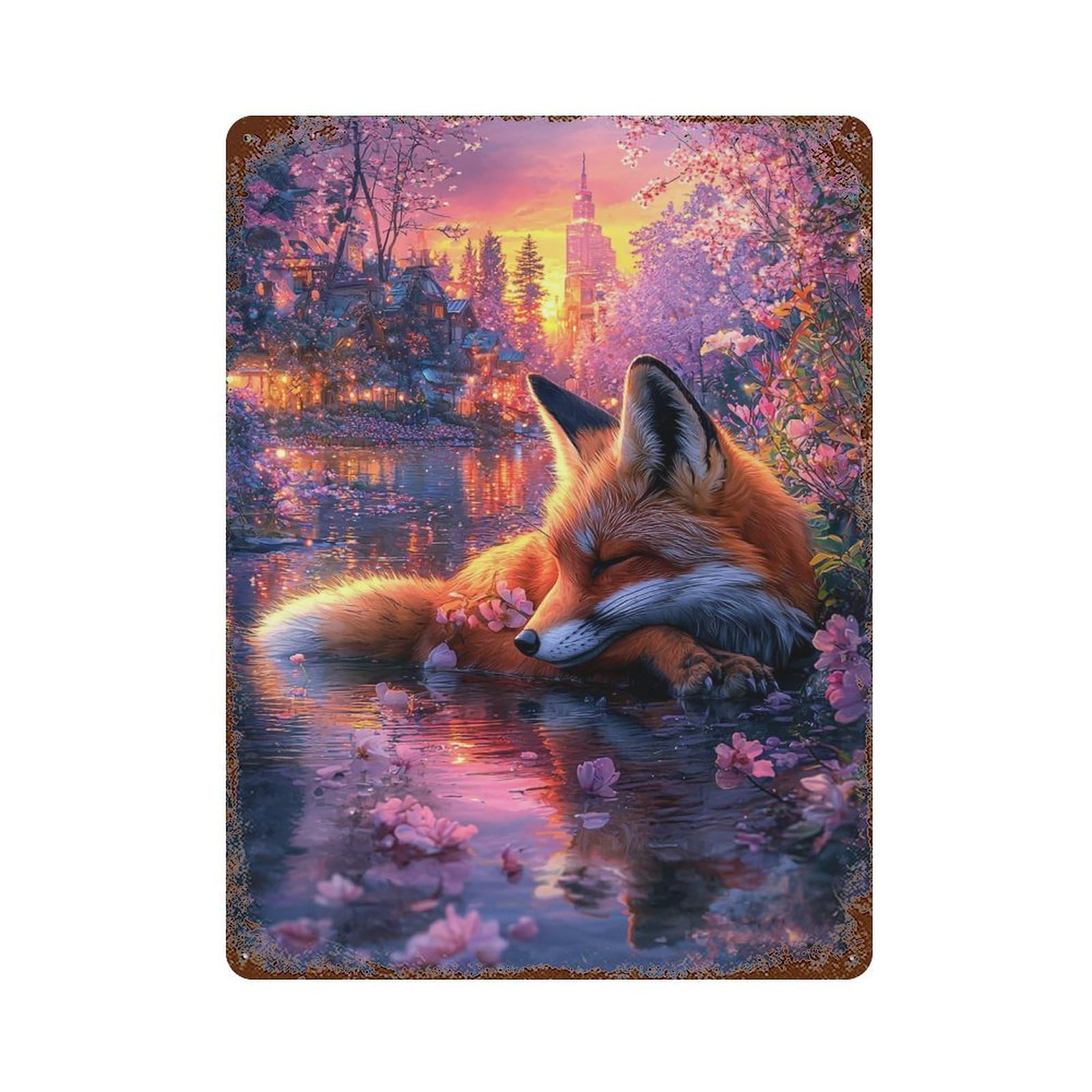 Fox in Cherry Blossom Paradise 15.7"x11.8" Vintage Rust Metal Sign, Novelty Wall Decor for Living Room, Hallway And Home Decor