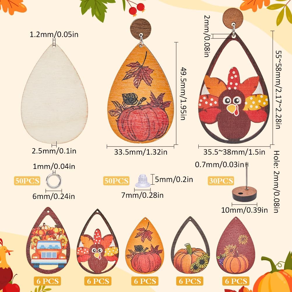 SUNNYCLUE 1 Box DIY 15 Pairs Thanksgiving Earring Kit Autumn Maple Leaves Sunflower Turkey Pumpkin Charms Teardrop Wood Charm Wooden Earring Charms for Jewelry Making Kits Dangle Earrings Gift