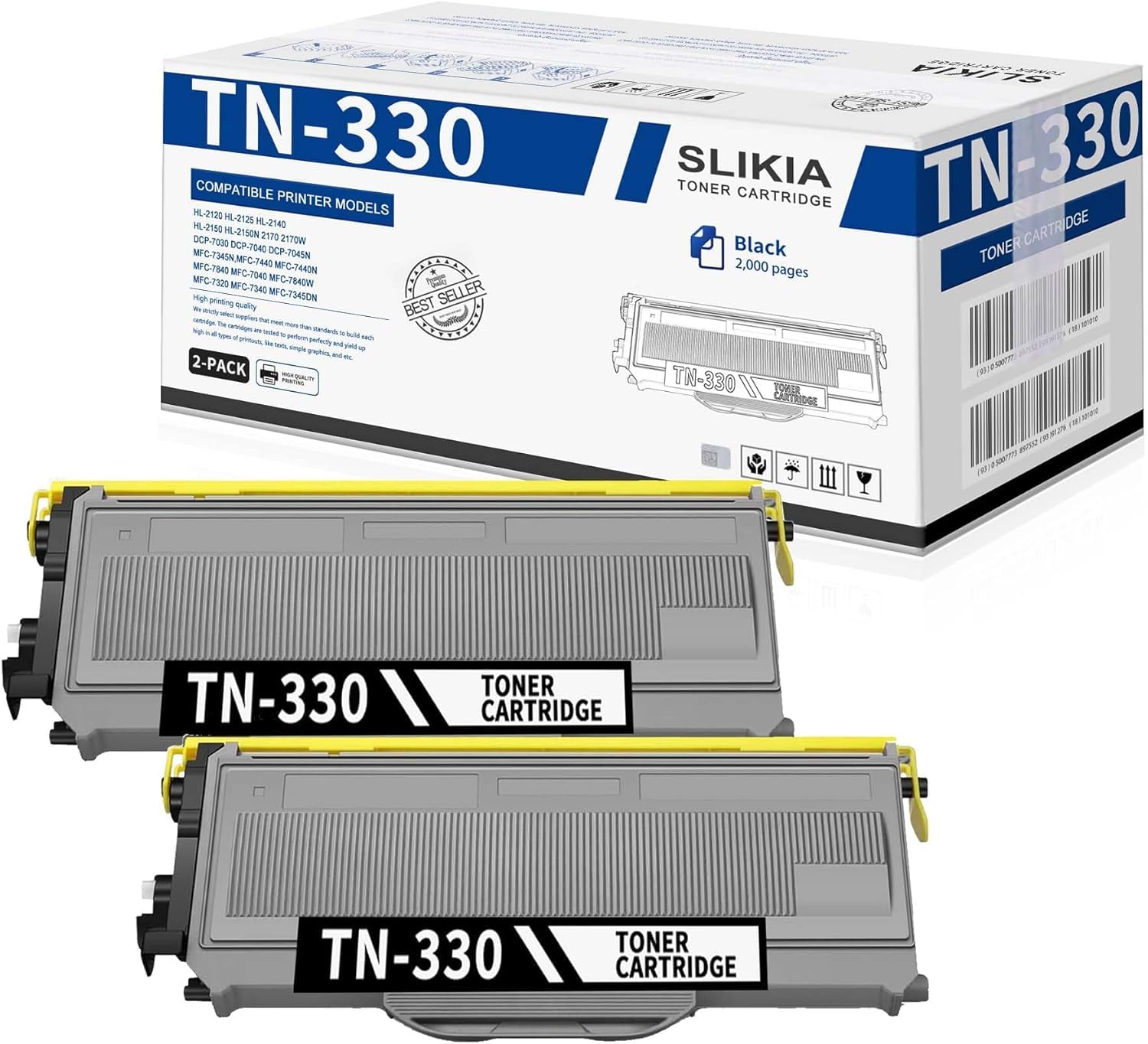 2 Pack TN330 TN-330 Black Toner Cartridge, Replacement for Brother TN330 High Yield Toner DCP-7030 7040 7045N HL-2120 2125 2140 2150 2150N 2170 2170W