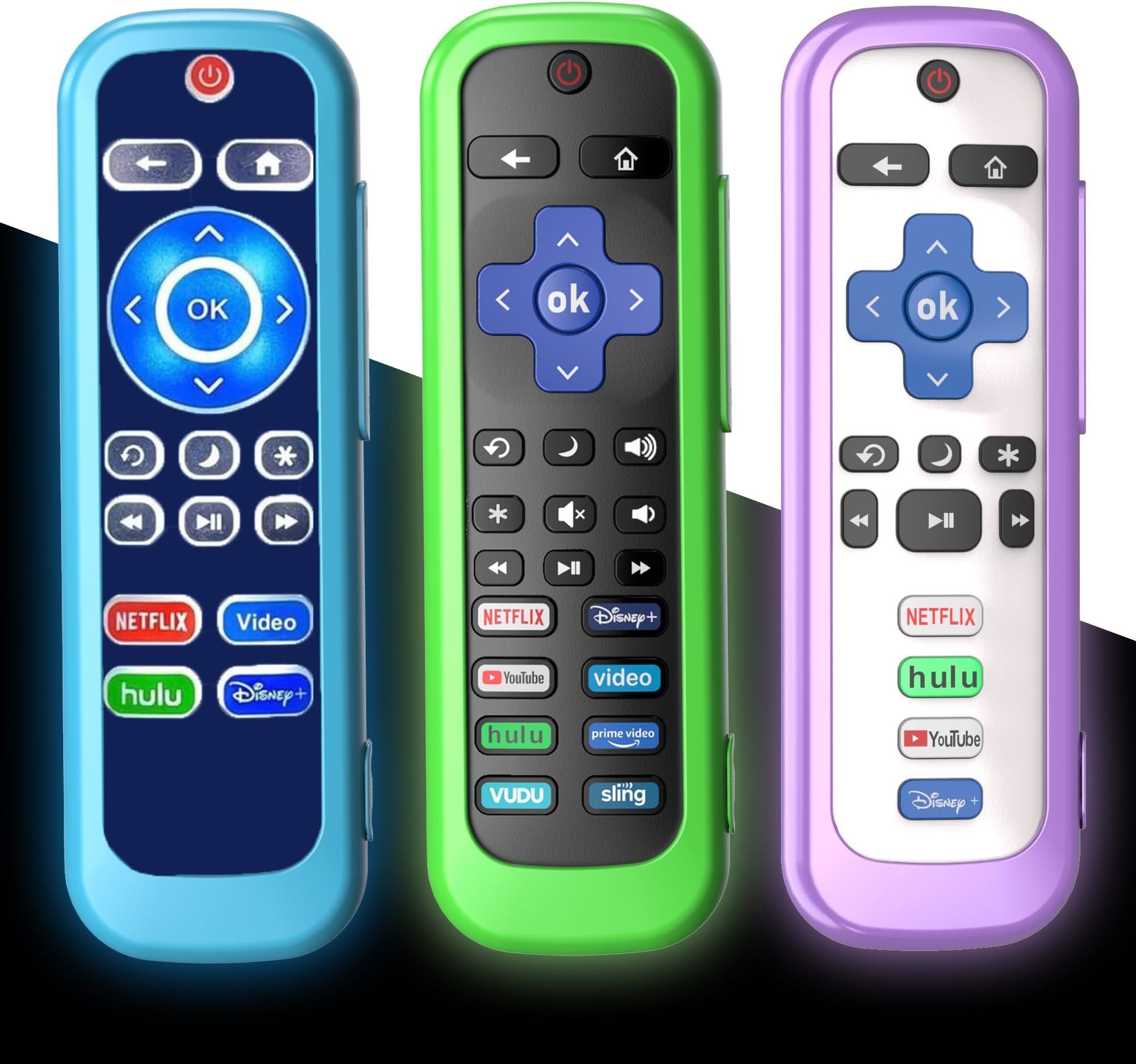 3 Pack Remote Case for Roku, Battery Cover for TCL Smart TV Steaming Stick Remote,Silicone Protective Controller Universal Sleeve Skin Glow in The Dark Green Purple Blue