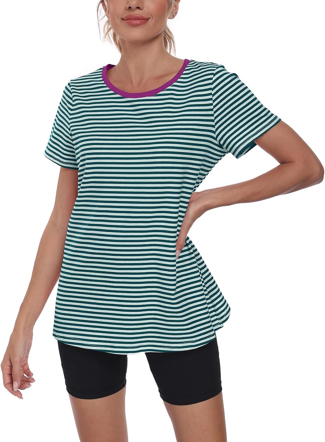 Kimmery Striped Open Back Workout Tops for Women Breathable Short Sleeve Athletic Shirts with Asymmetric Hem for Gym & Yoga - Image 3