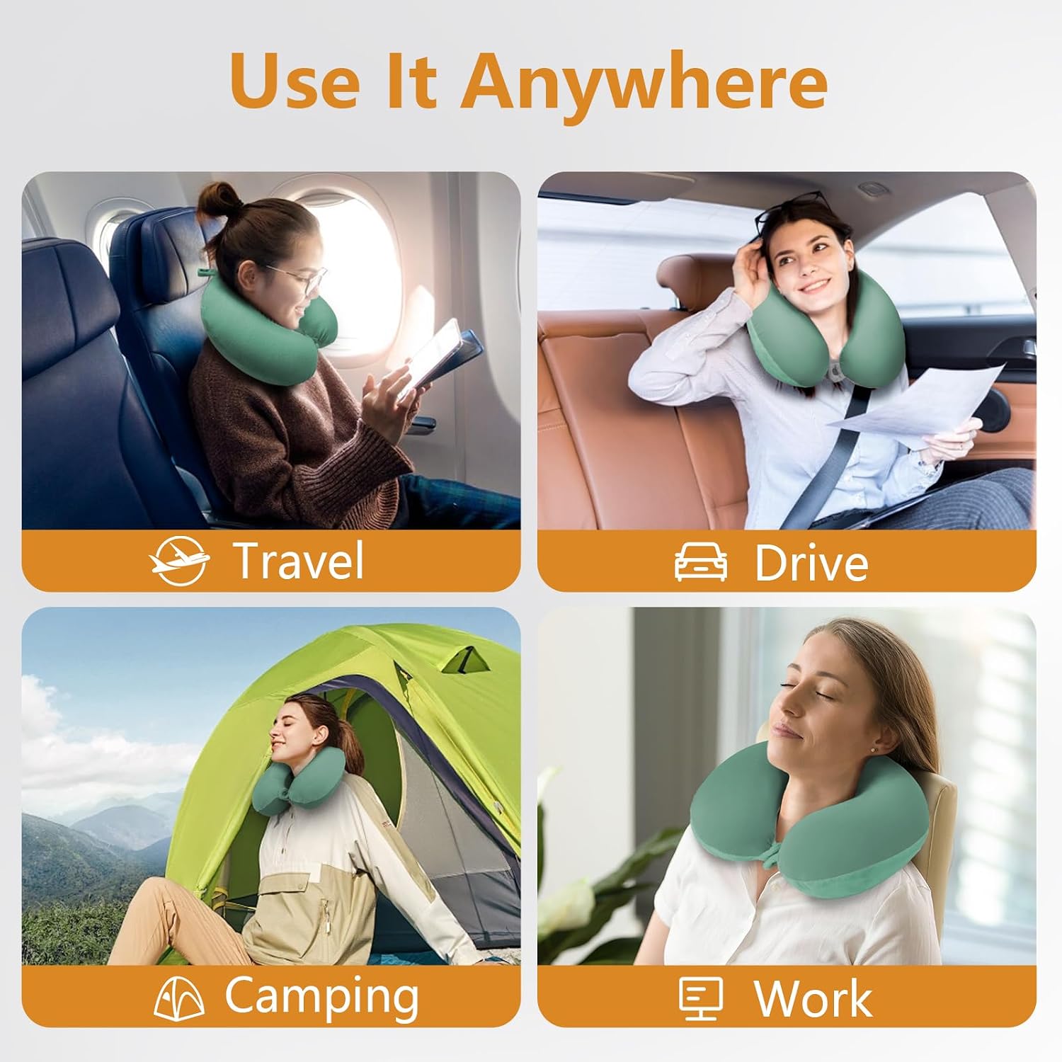Travel Pillow, Memory Foam Neck Pillow for Traveling, U Shape Airplane Portable Flight Pillow Adult Travel Neck Pillow for Plane Train Car Home Office (Green)
