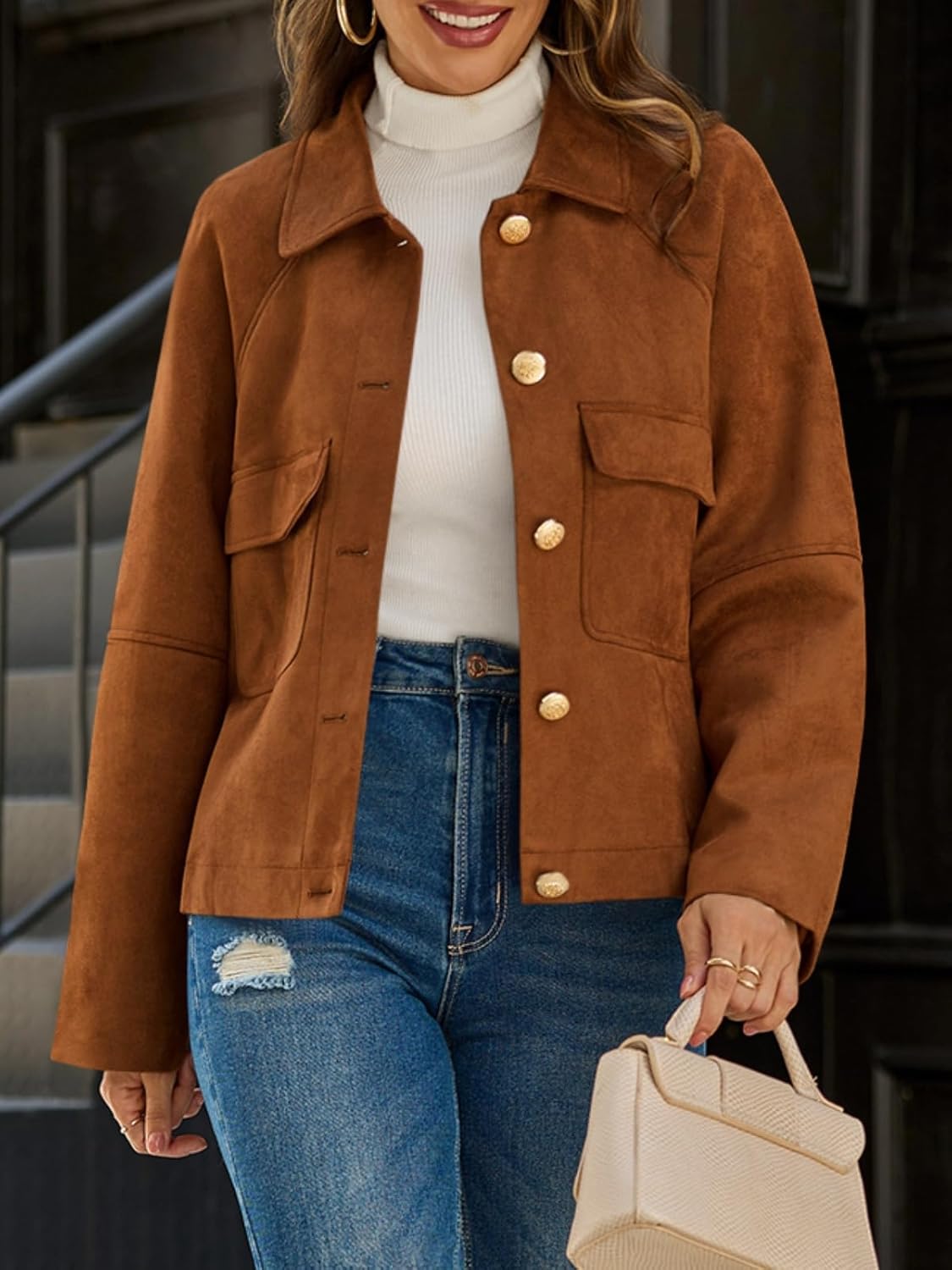 Cicy Bell Womens Faux Suede Leather Jackets Oversized Cropped Casual Lapel Collar Button Down Spring Vintage Shackets - Image 5