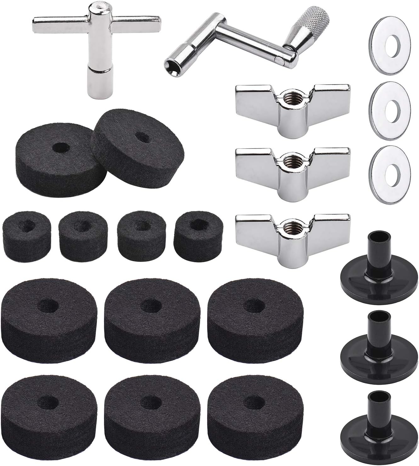 23 Piece Cymbal Accessory Set Includes Cymbal Stand Felts Felt Pads Sleeves Drum Key (Black)