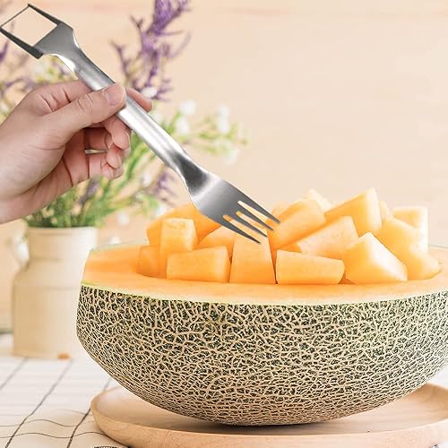 Miniatura 6 de Cortador de tenedor de sandía 2 en 1, herramienta de corte de sandía, cuchillo rebanador de tenedores de frutas de acero inoxidable de doble cabeza,
