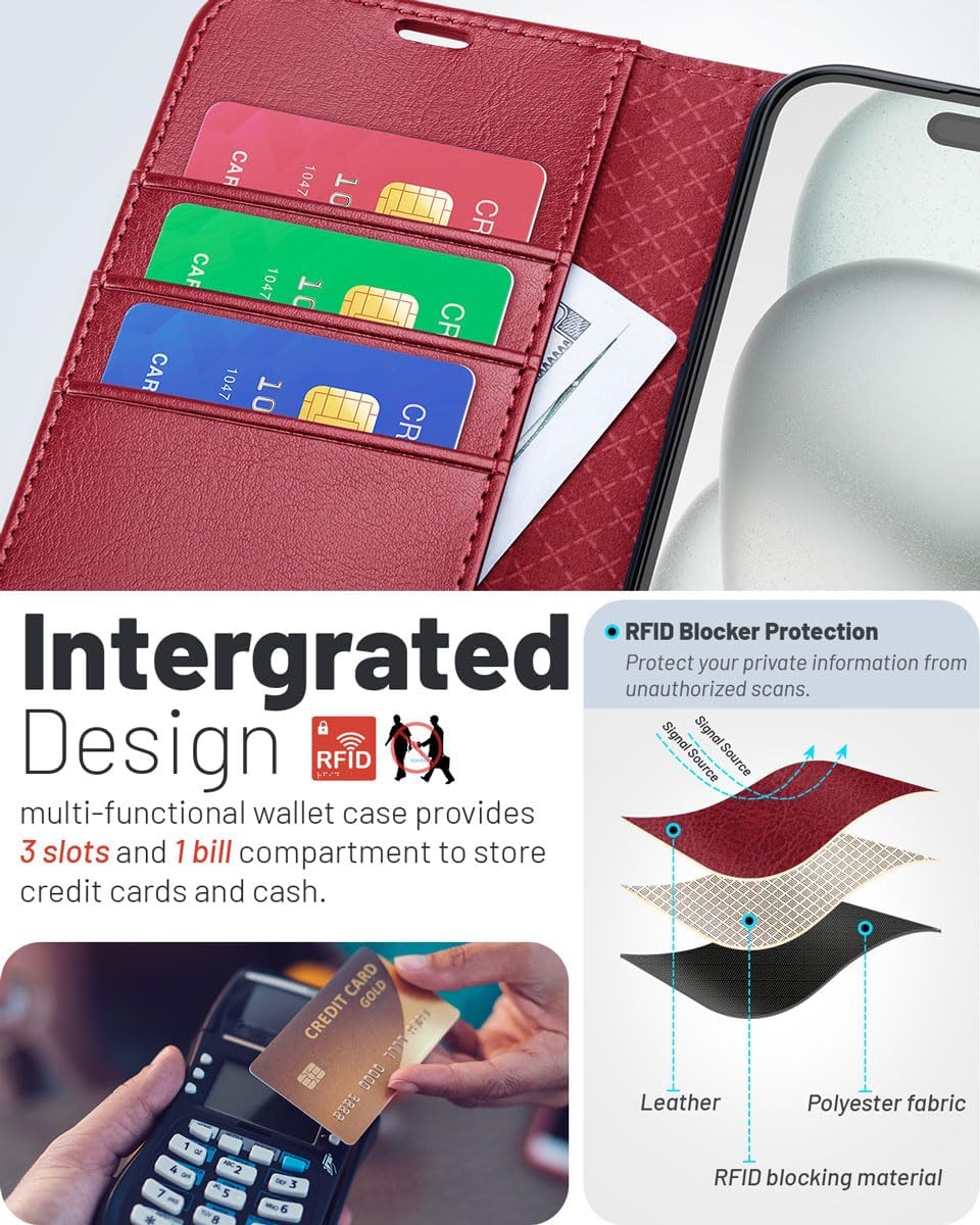OCASE for iPhone 17 Wallet Case, PU Leather Flip Cover with Card Holder, RFID Blocking, Kickstand, Magnetic Closure, Protective Phone Case for iPhone 17 6.3-Inch 2025, Red