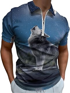 Wolf Howling Moonlight Men's Golf Shirts Short Sleeve Print Patterns Casual Collared Golf Polo Shirt