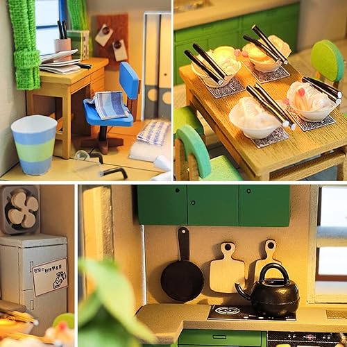 Miniatura 4 de Casa de muñecas de estilo japonés, kit de casa en miniatura con cubierta antipolvo, muebles de casa de muñecas en miniatura de madera 3D, escala