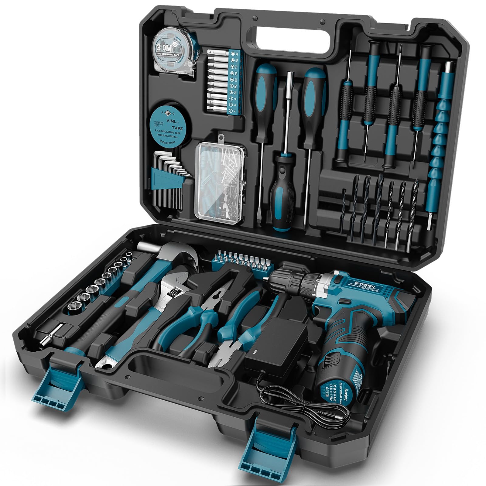 Sundpey Tool Kit with 12V Drill - 206 Piece Basic General Home Repair Tool Set with Cordless Power Drill & Battery & Charger & Portable Toolbox for Office Garden House Apartment DIY Projects Men Women