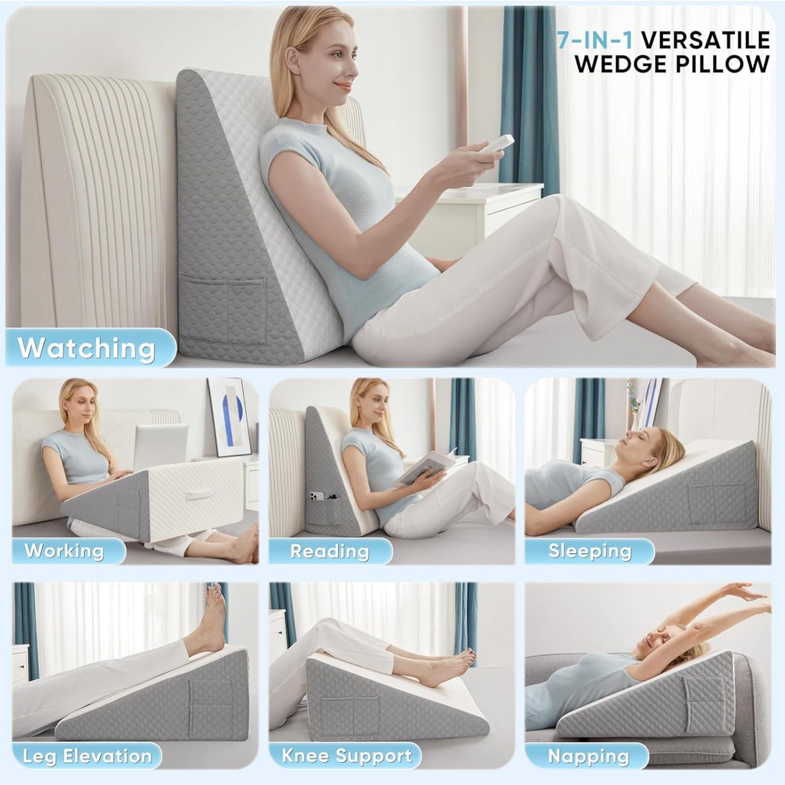 Almohada de cuña Grande Triangular para Adultos para Dormir después de la cirugía,Almohadas de cuña de reflujo para piernas y Rodillas,Almohada de Lectura cojín