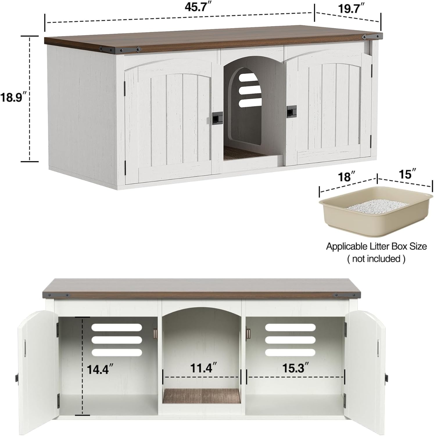 Vabches Cat Litter Box Enclosure for 2 Cats, Hidden Litter Box Furniture with Scratch Pad & Magnetic Doors, Farmhouse Wood Cat Litter Box Cabinet, Side Table, White and Walnut
