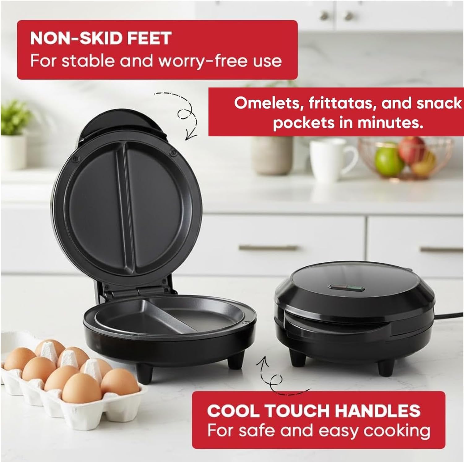 Rapid Double-Sided Egg Cooker With Indicator Lights,Black Dual Zone Electric Omelette Maker,Compact Breakfast Maker for 2 Omelettes Simultaneously,for Home,Dorm&Travel