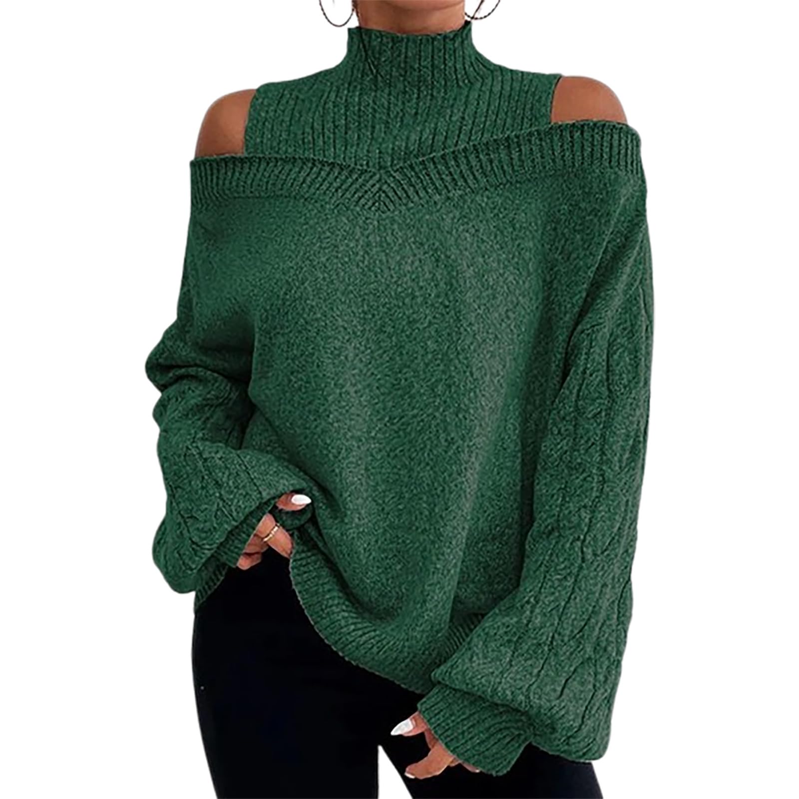 Turtleneck Sweater for Womens Cold Shoulder Lantern Sleeve Pullover Off The Shoulder Cable Knit Sweater Jumper