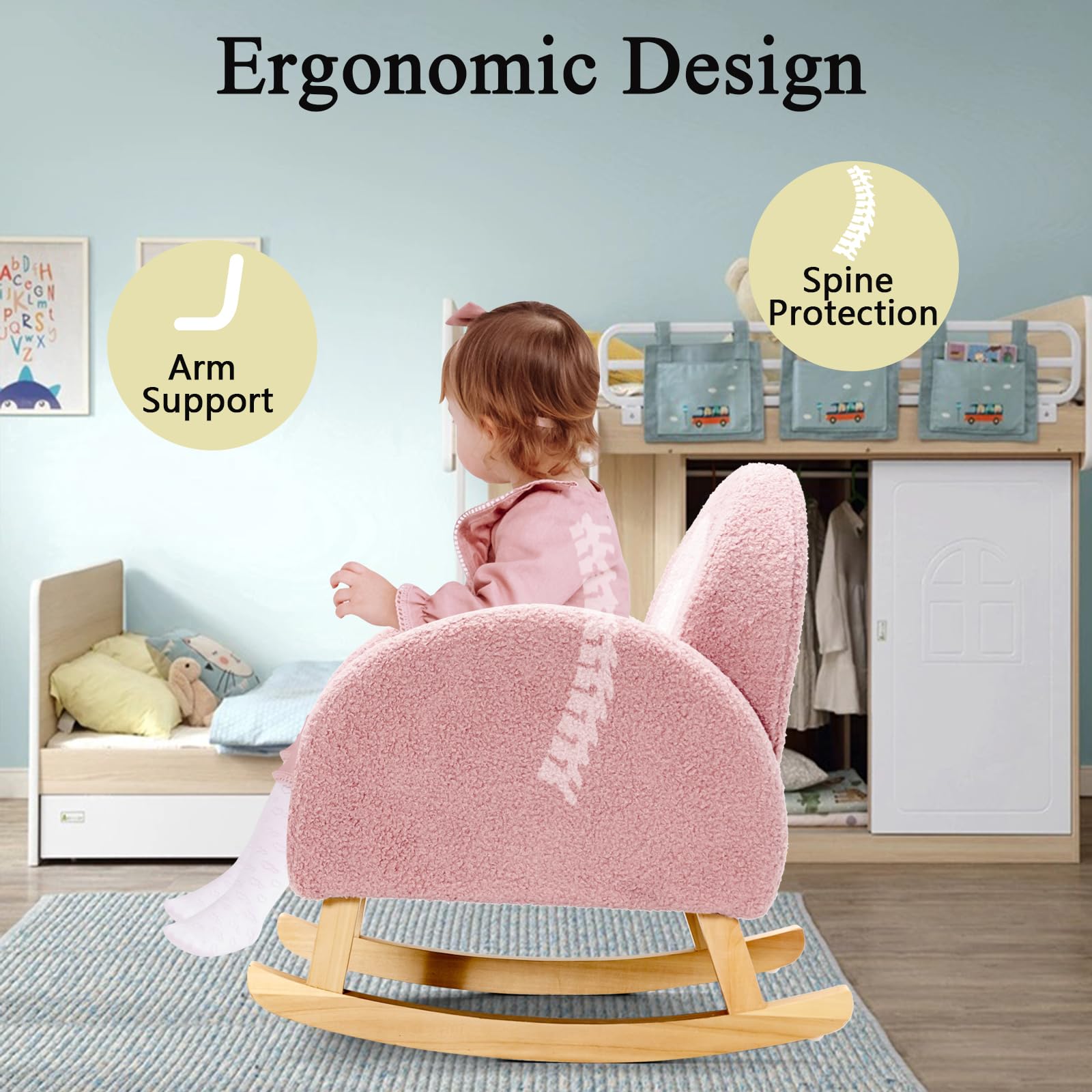 LIFEZEAL Sillamecedora Infantil, Sillón Balancín para Niños de 3-5 Años, con Reposabrazos, Respaldo Ergonómico, Pies de Madera Maciza, Relleno de Espuma para Habitación Infantil, MAX 50kg (Rosa)