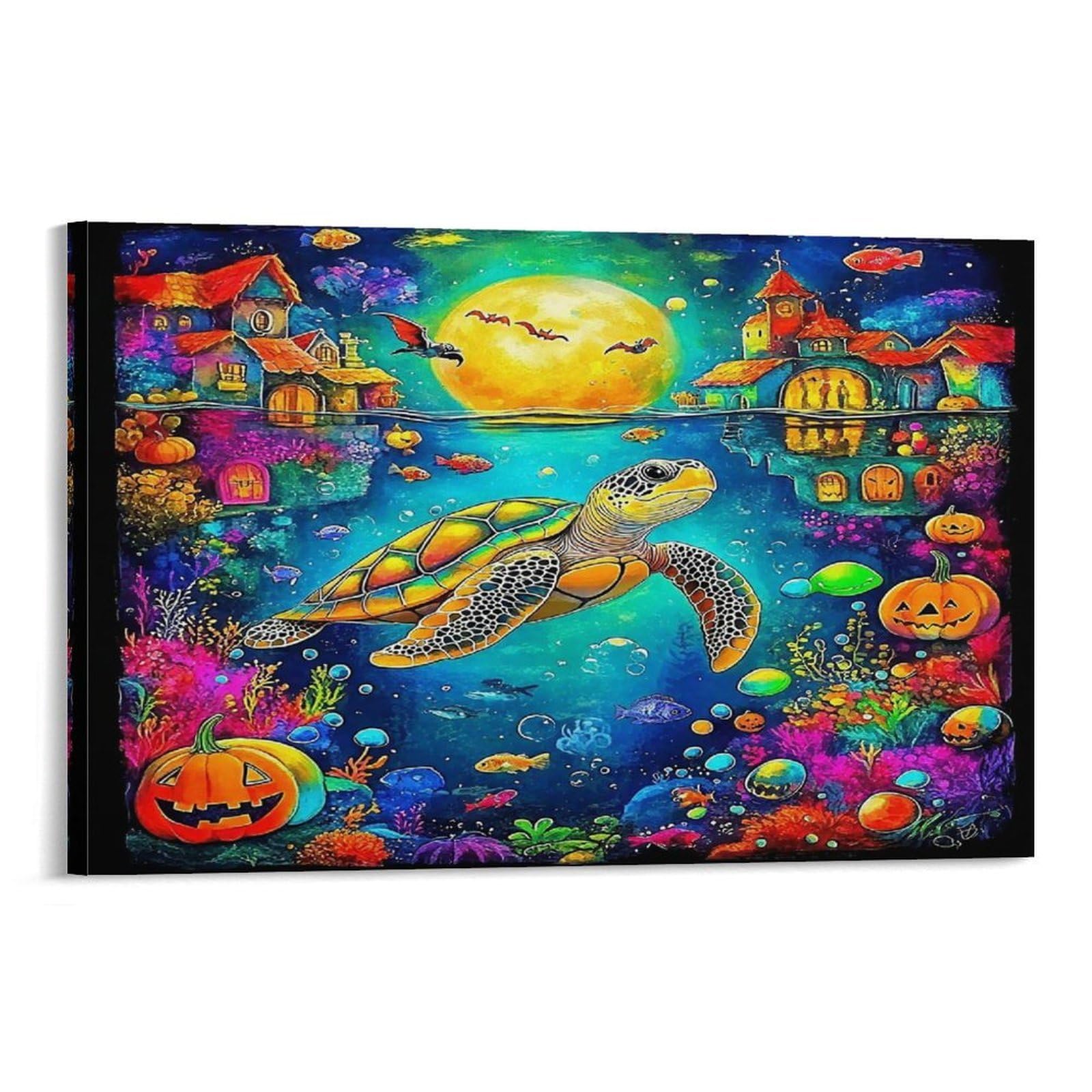 Sea Turtle Swimming Through N-Shaped Coral Reef 1 Piece Halloween Underwater Turtle with Pumpkins Canvas Wall Hanging - Living Room Gallery Wall Focal Point Fade Resistant Decor 12x18inch(30x45cm)
