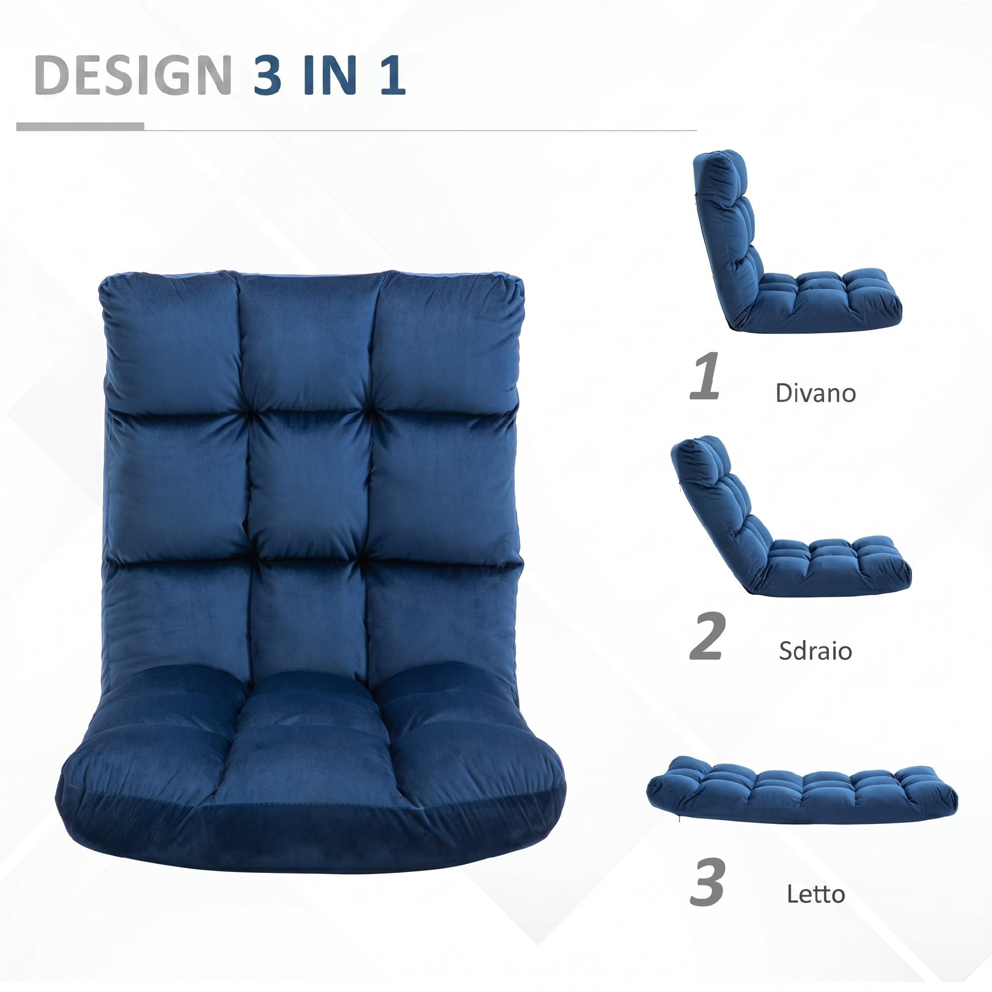 HOMCOM Poltrona da Terra Reclinabile 180° in Velluto, 55x71x53.5cm Blu | Sedia da Pavimento, Imbottitura Spessa, Camera da Letto, Ufficio, Soggiorno