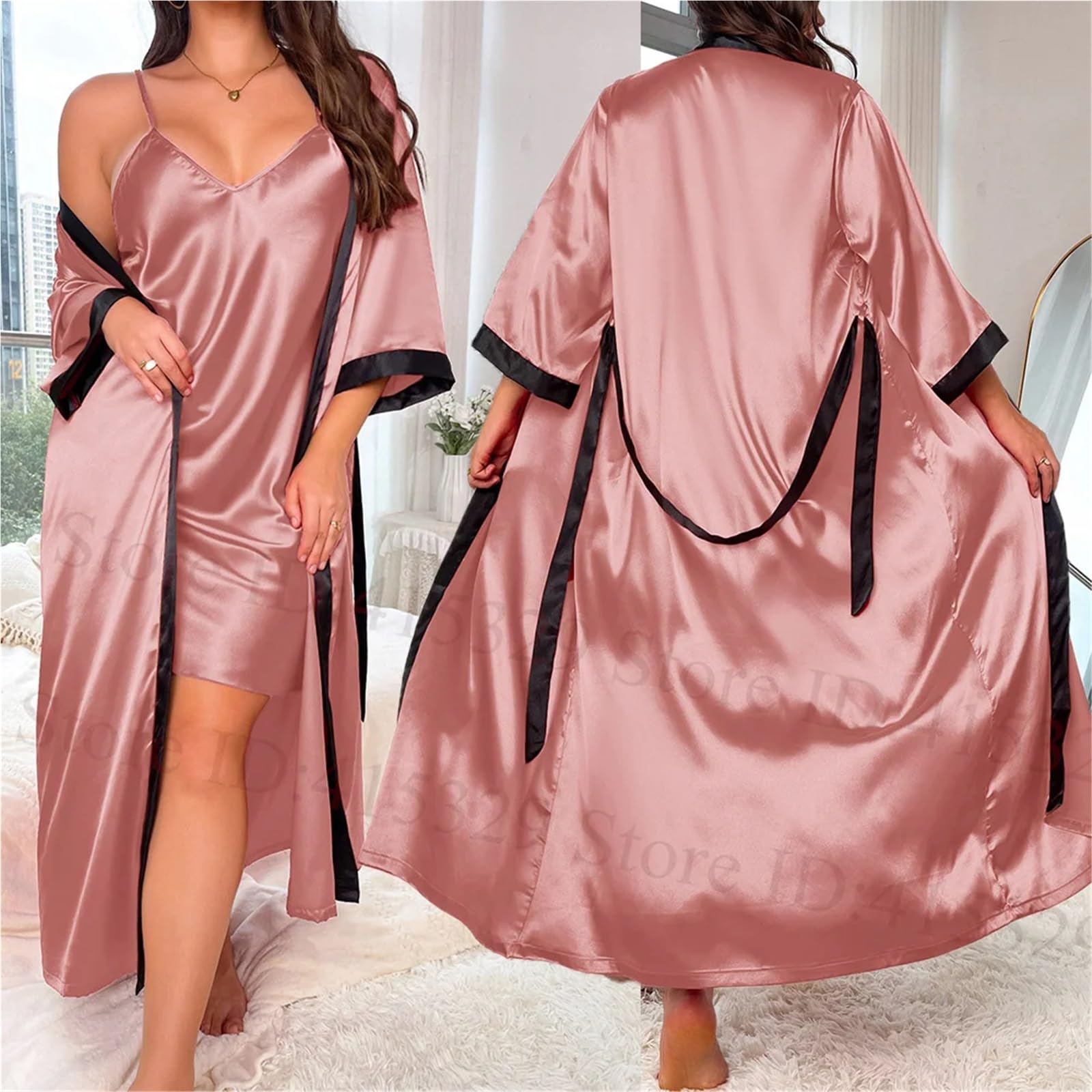 Ensemble Nuisette et Peignoir Grande Taille 3XL 4XL 5XL, Chemise de Nuit Ample en Satin for Femme, vêtements d'intérieur Sexy, Lingerie, 2 pièces, Kimono(Pink,4XL)