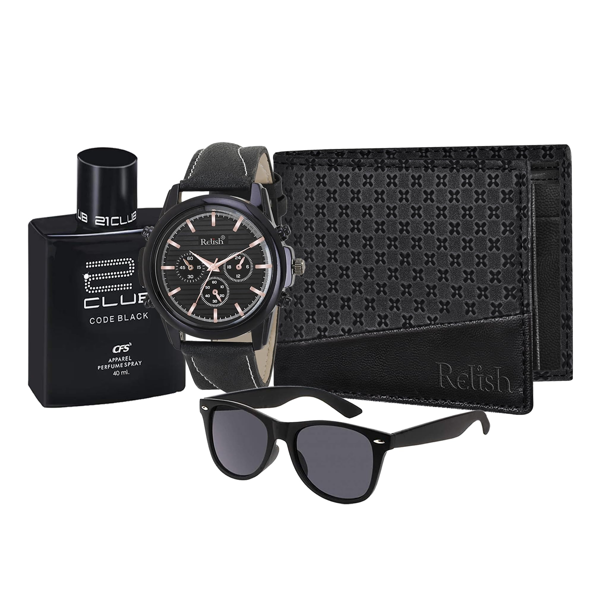 Watch, Sunglass, Perfume & Wallet Combo (Black) | Perfume Gift Set for Men | Casual Leather Watch, Wallet Casual Gift Set-image-5