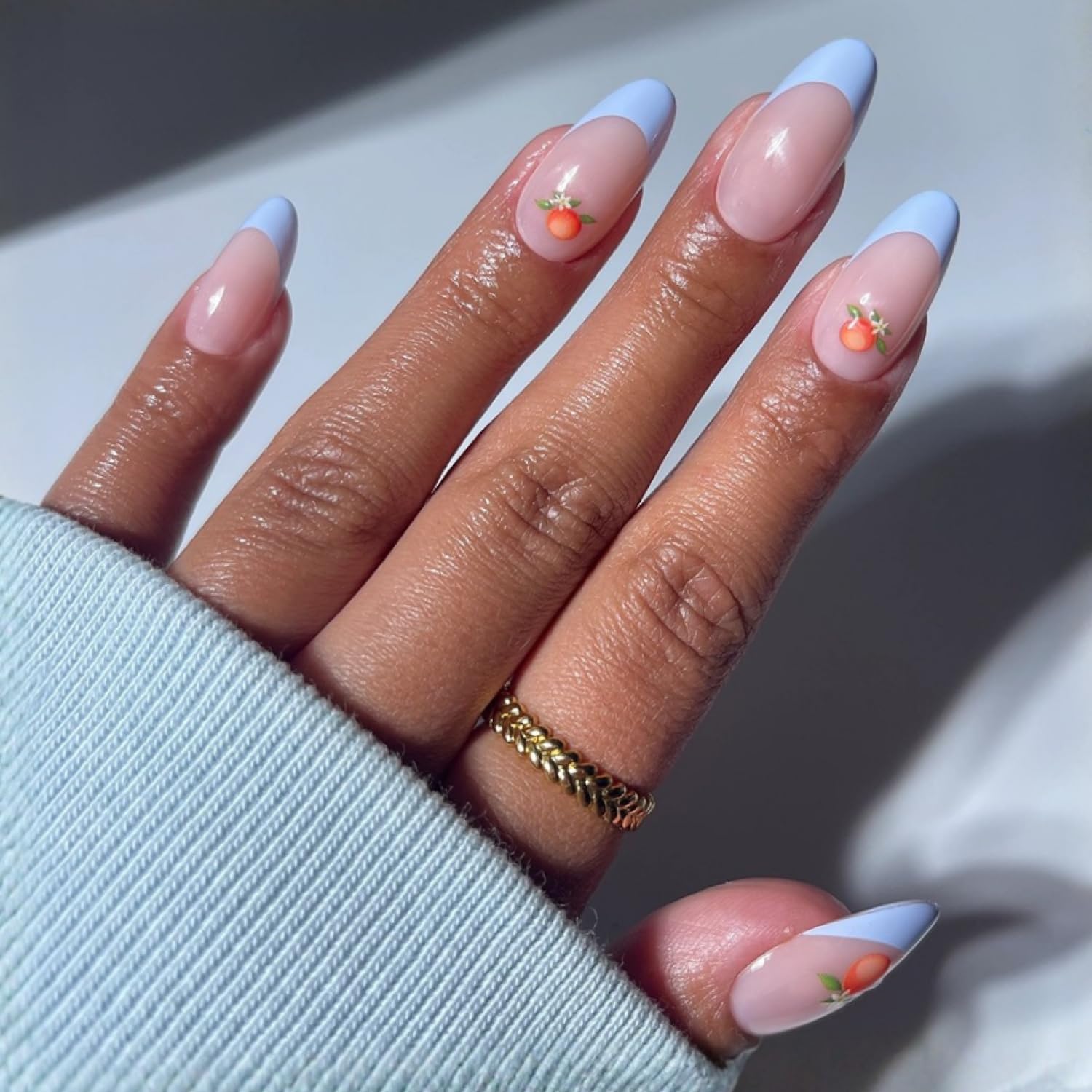 Photo 1 of Glamnetic Press On Nails - Medium Oval Fake Nails with Blue French Tips & Orange Accents | Salon Quality Summer Nails | Capri Coast | 15 Sizes - 30 Nail Kit with Glue