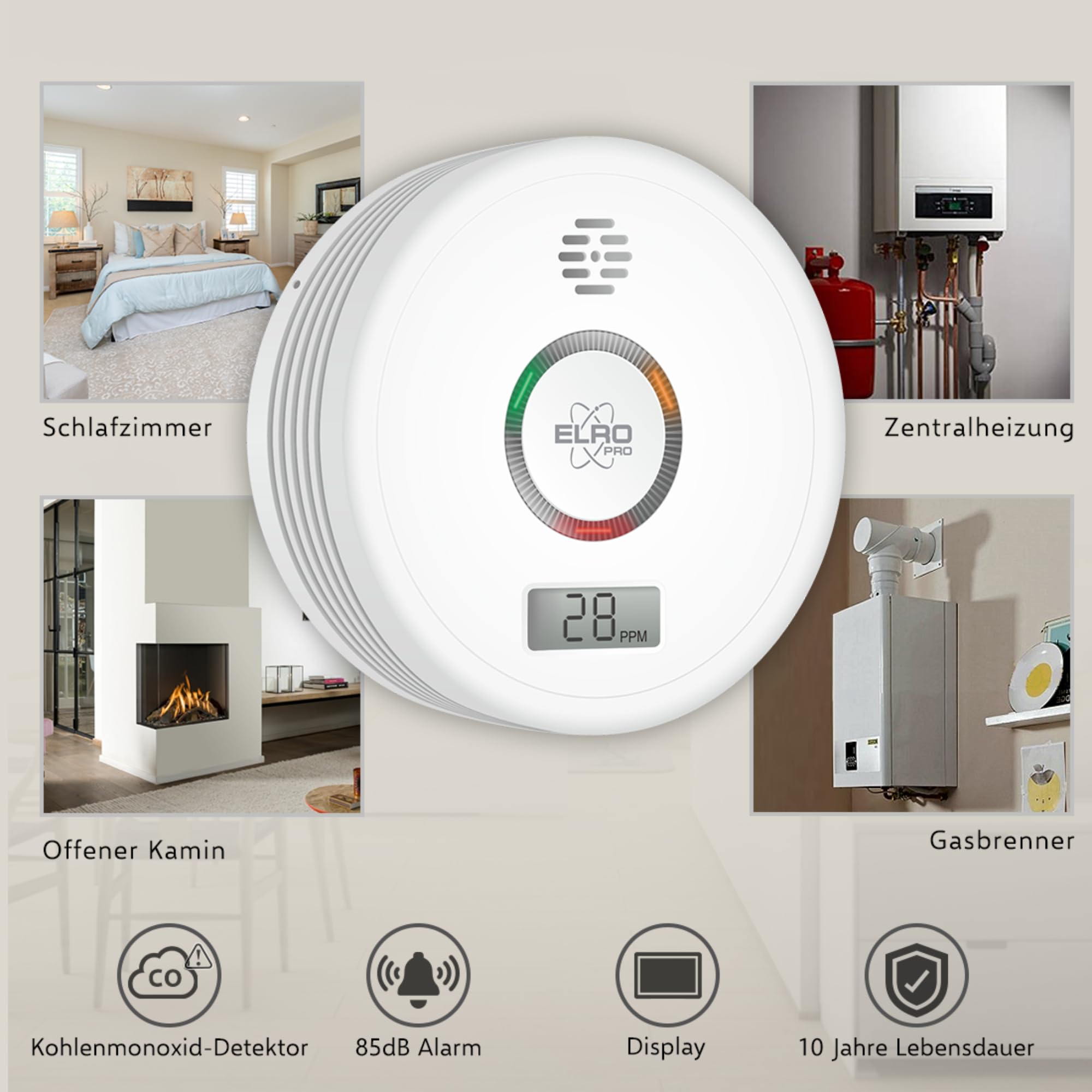 ELRO PRO PK4910 Design Kohlenmonoxidmelder mit 10 Jahre Batterie - Automatischer Selbsttest - Display - Entspricht der europäischen Norm EN50291, Weiß, 1 Stück