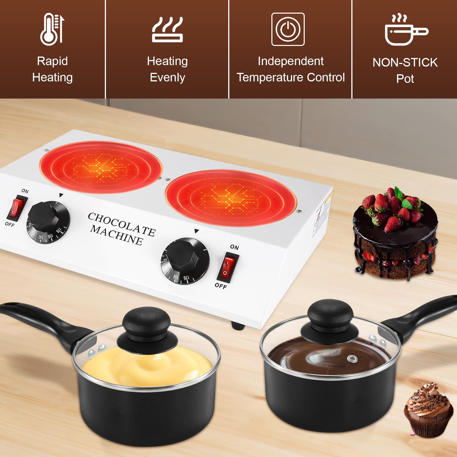 Chocolate Melting Pot Chocolate Tempering Machine Electric Chocolate Melter, 80W Chocolate Melting Machine Melter Pot Dual Pot