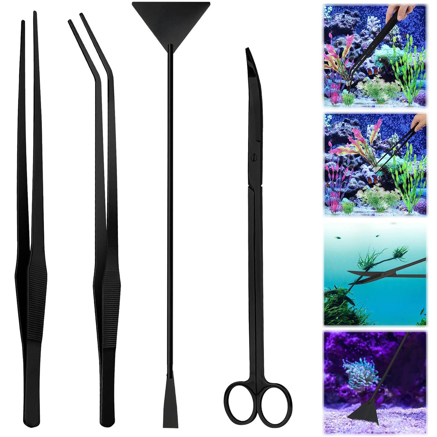 4PCS Accessori Acquario,Forbici Acquario Pinzette,Pinza Aquascaping Kit,Acquatica Strumenti Set,Acciaio Inox Pinzette Forbici e Spatola per Landscaping e Piante Acquatiche