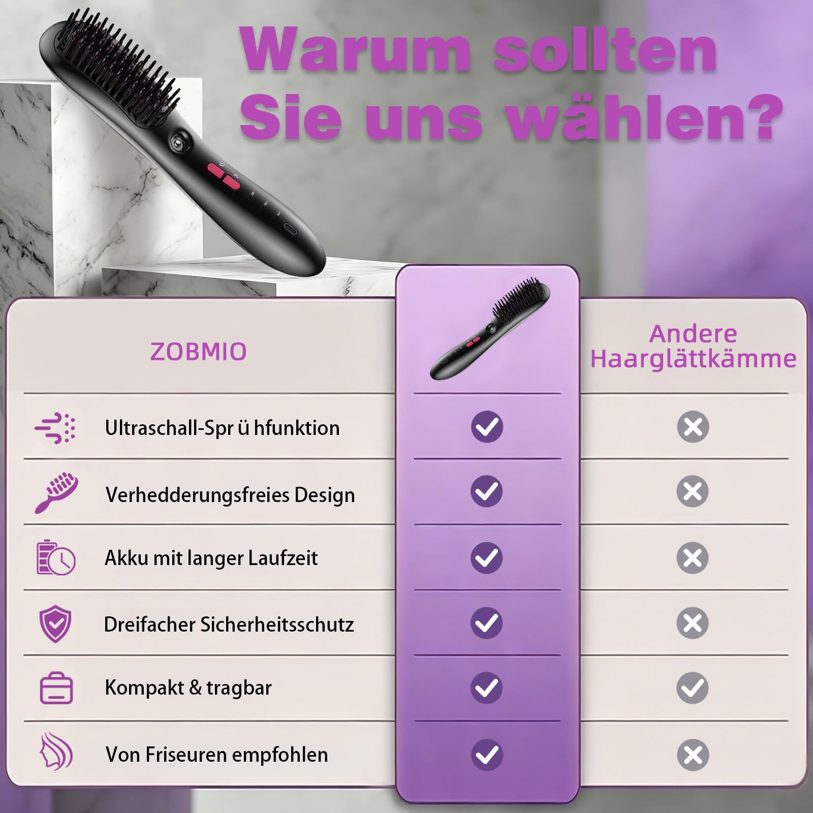 Glättbürste, Warmluftbürste für kurze Haare, Stylingbürste für kurze Haare | kabellos mit Pflegespray, gegen Haarknoten, glättet, 25s Keramikheizung, 3 Stufen, reisefreundlich, haarschonend.