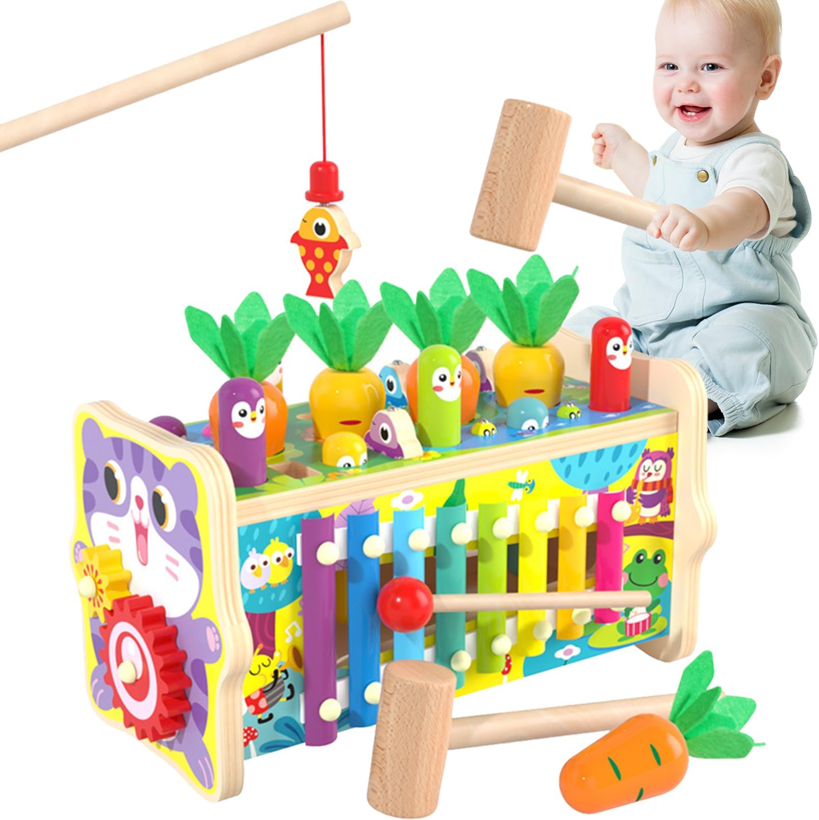 SOOFAM 8 in 1 Wooden Hammering Pounding Toys,Montessori Toys for 1+ Year Old Babies,Early Sensory Development Toy with Pounding Bench,Fishing Game Xylophone Toys Gifts for Toddlers Age 1-4