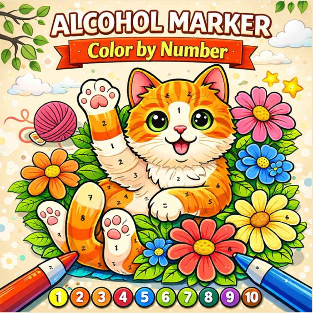 Alcohol Marker Color by Number: Large Print Fun Cat Coloring Book for Adults and Kids