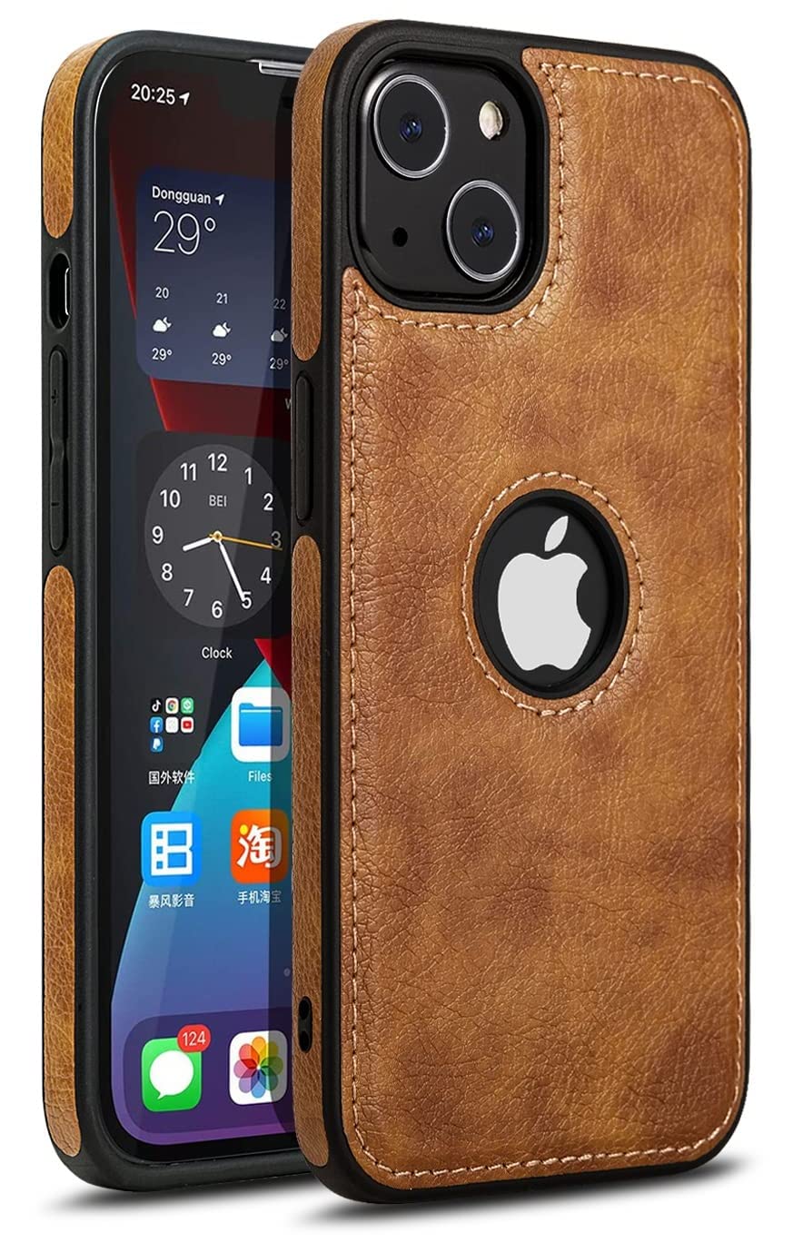 LOOPEE iPhone 14 Full Camera Protection, Logo View, Luxury Leather Case Brown