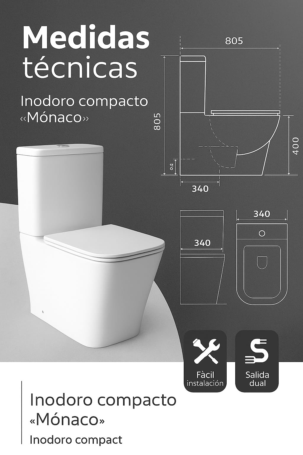 Novo bath - Inodoro Compacto Rimless Serie Mónaco – Estilo Tipo The Gap, Doble Descarga 3/6L, Salida Dual, Asiento UF Soft Close, Cisterna Incluida, Esmalte Antibacterias, Pegado a Pared
