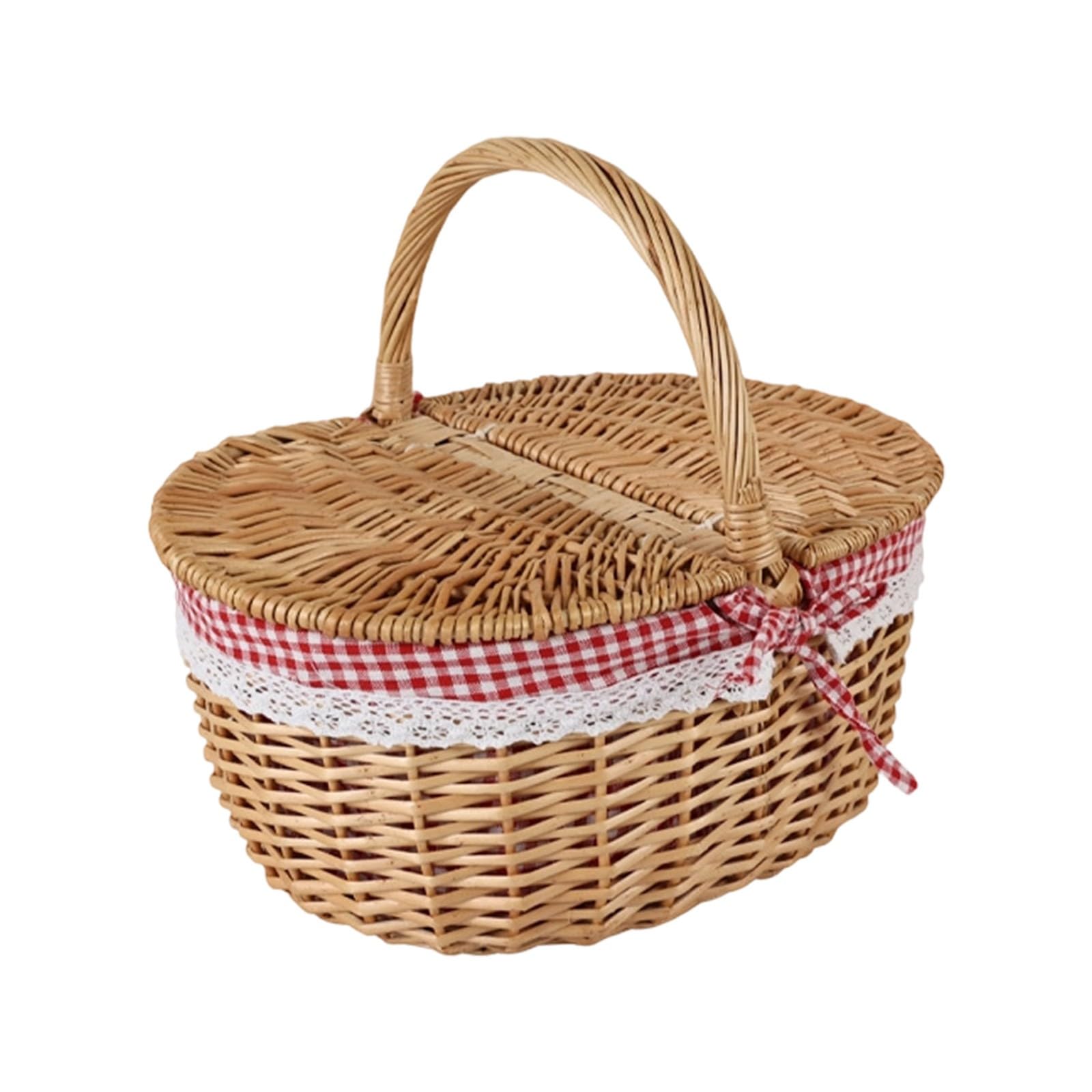 Kosz wielkanocny, tkany kosz wiklinowy z podwójnymi pokrywkami, wiadro piknikowe z wierzbą, 25 cm, na polowanie na jajka, koronkowa podszewka z tkaniny, rustykalna wiosenna torba na prezent na