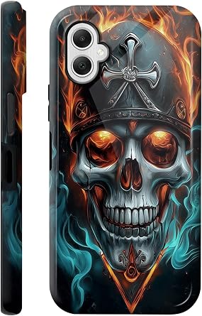 Trendy 2-in-1 Phone Case for Samsung Galaxy A07 4G Hybrid Dual-Layer Shockproof Slim, Hard Shell + Silicone, Scratch-Resistant Cover Cases for Women & Men, Skull with Blue Smoke Fire
