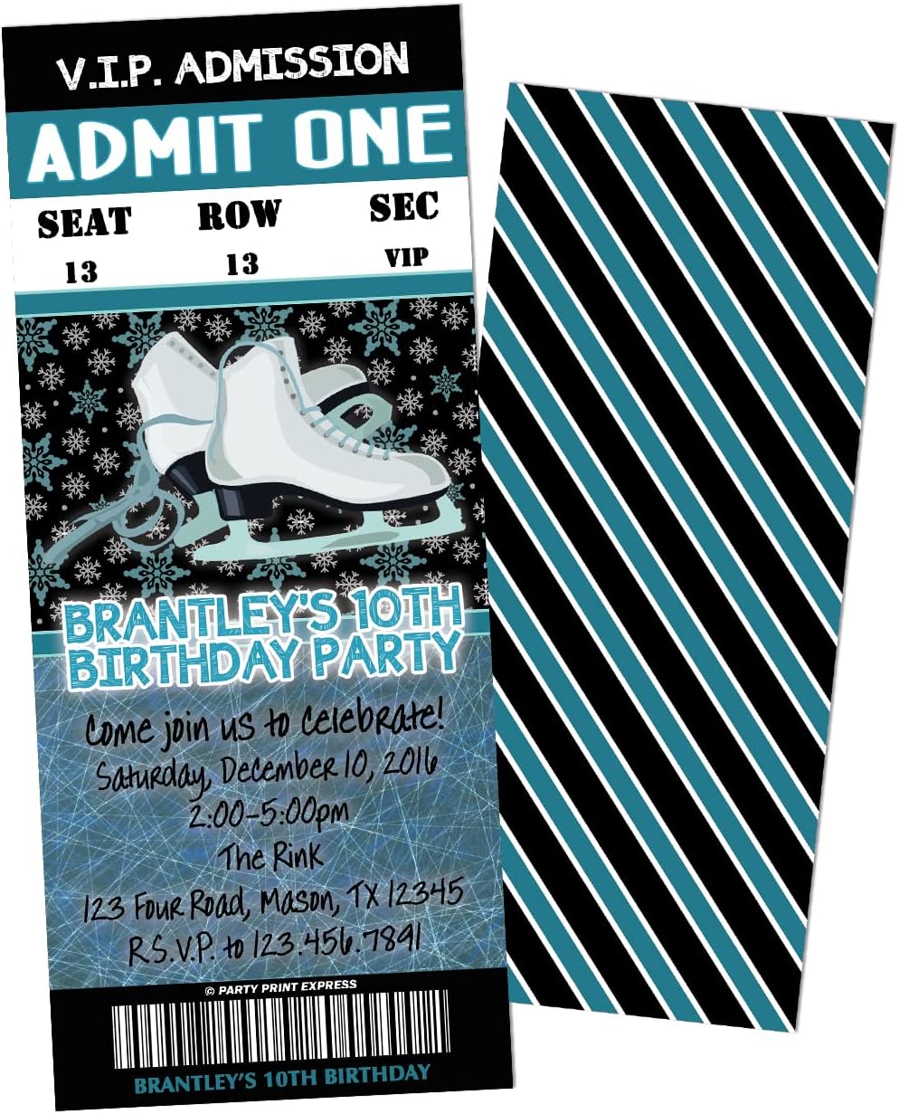 Ice Skating Birthday Invitations Glitter Admission Ticket VIP Pass Party Invites, Boy, Girl, Blue Pink, with Envelopes Personalized