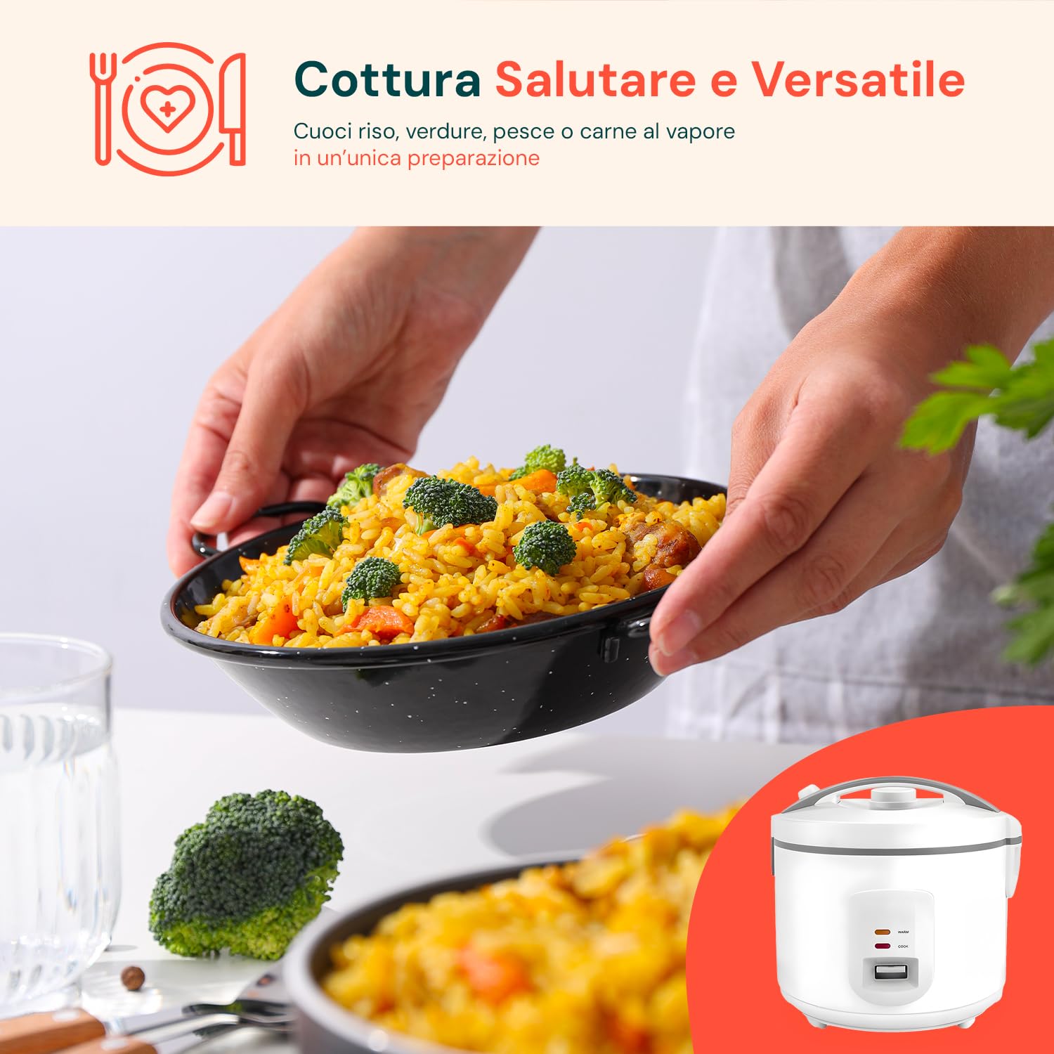 Wintem - Cuociriso Elettrico da 700W con Vaporiera Integrata e Pentola Antiaderente, Cucina Sana e Veloce, Mantiene il Calore Automaticamente, Ideale per Riso e Cottura al Vapore