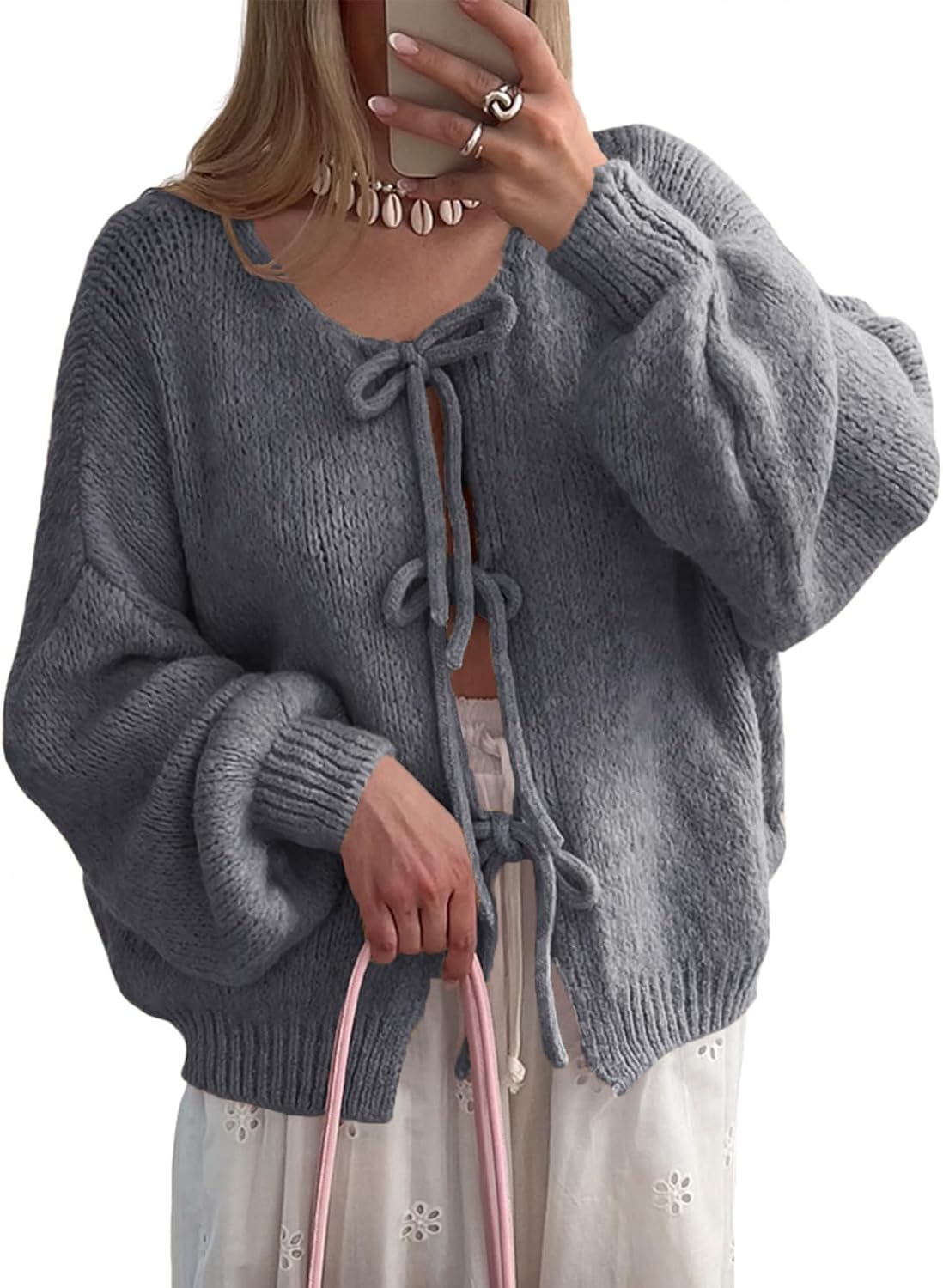 UNCLECAT Womens Bow Tie Front Cardigan Sweaters Oversized Fall Open Front Cardigans Cute Loose Knit Tops