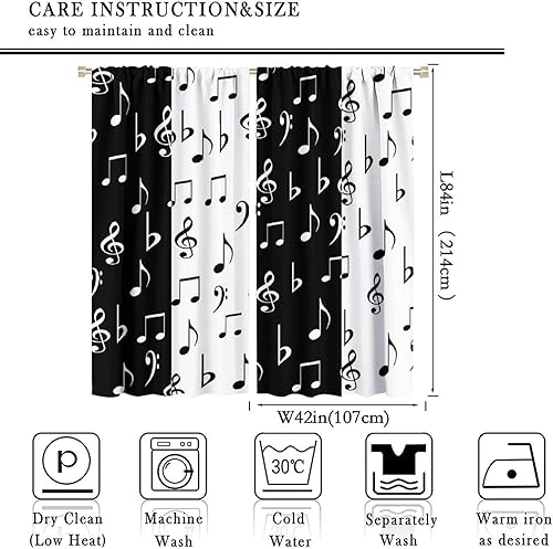 Miniatura 2 de Cortinas de música retro, notas musicales abstractas en blanco y negro, con bolsillo para barra, cortinas opacas para ventana para sala de estar,