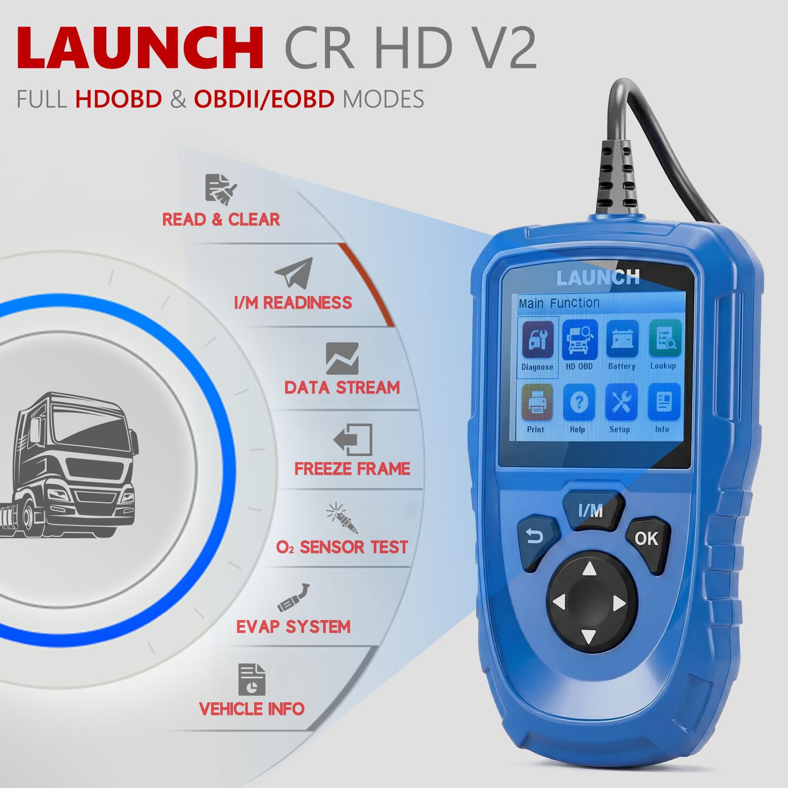 LAUNCH Creader HD V2 LKW Diagnosegerät, 2-in-1 HDOBD OBD-II Scanner, Für Freightliner Volvo Cummins Caterpillar
