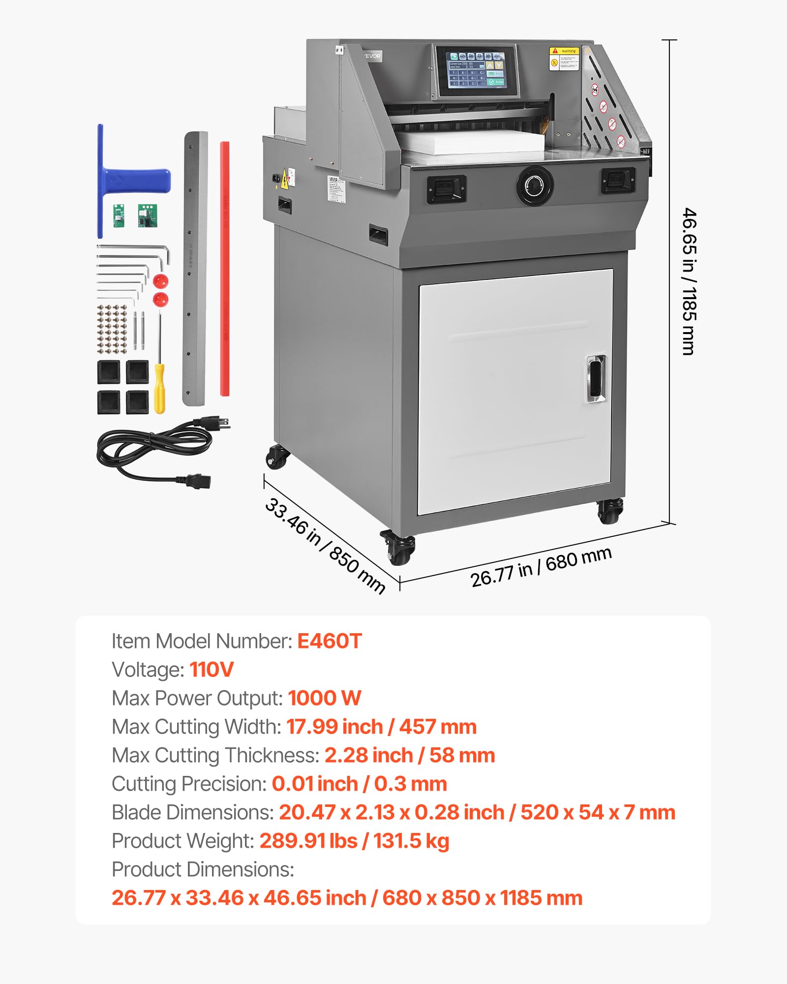 VEVOR Taglierina per Carta ad Alte Prestazioni, Larghezza di Taglio 457 mm, Spessore di Taglio 58 mm, Grande Ghigliottina Elettrica con Funzione a Infrarossi e Lama di Ricambio, 1000 W