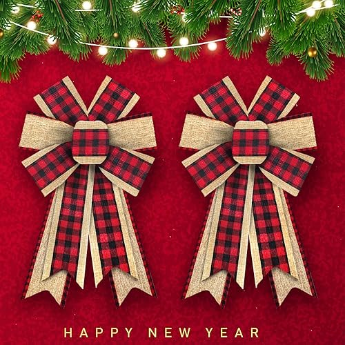 Miniatura 1 de 2 lazos de corona de Navidad, lazos de búfalo rojo y negro para corona, lazos rústicos de granja para puerta delantera, lazos de árbol de Navidad de