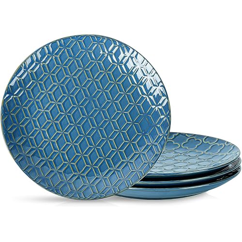 Sureasy Dinner Plates, 10.4 Inch Ceramic Plates for Pasta, Steak, Embossed Serving Dish Set for Kitchen, Microwave, Oven and Dishwasher Safe, Set of 4, Blue