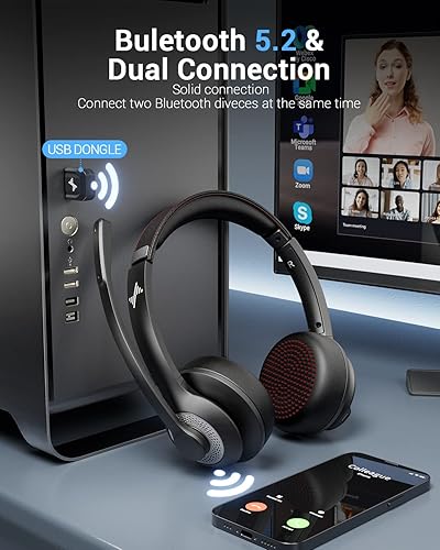 Miniatura 2 de Auriculares inalámbricos con micrófono para el trabajo, auriculares Bluetooth V5.2 con micrófono de cancelación de ruido AI, dongle USB, llamadas