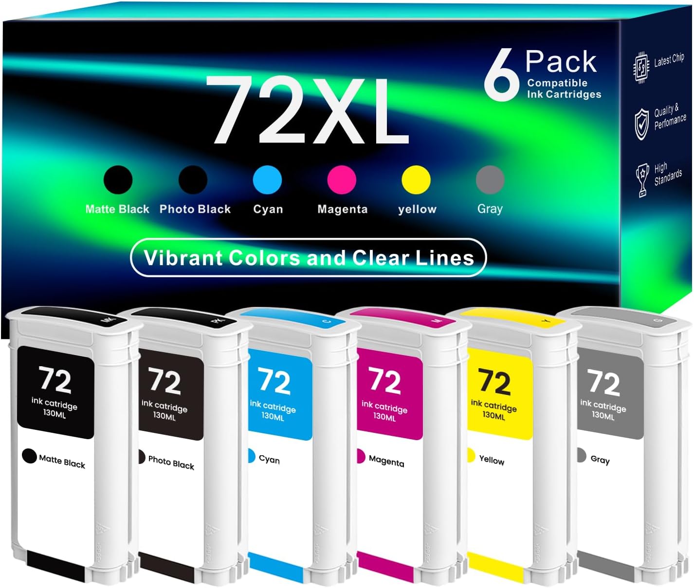 72 Ink Cartridges Latest Upgrade Replacement for 72 C9403A C9370A C9371A C9372A C9373A C9374A, Compatible with HP DesignJet T610 T620 T770 T790 T795 T1100 T1120 T1200 T1300 T2300 (130ml, 6 Pack)