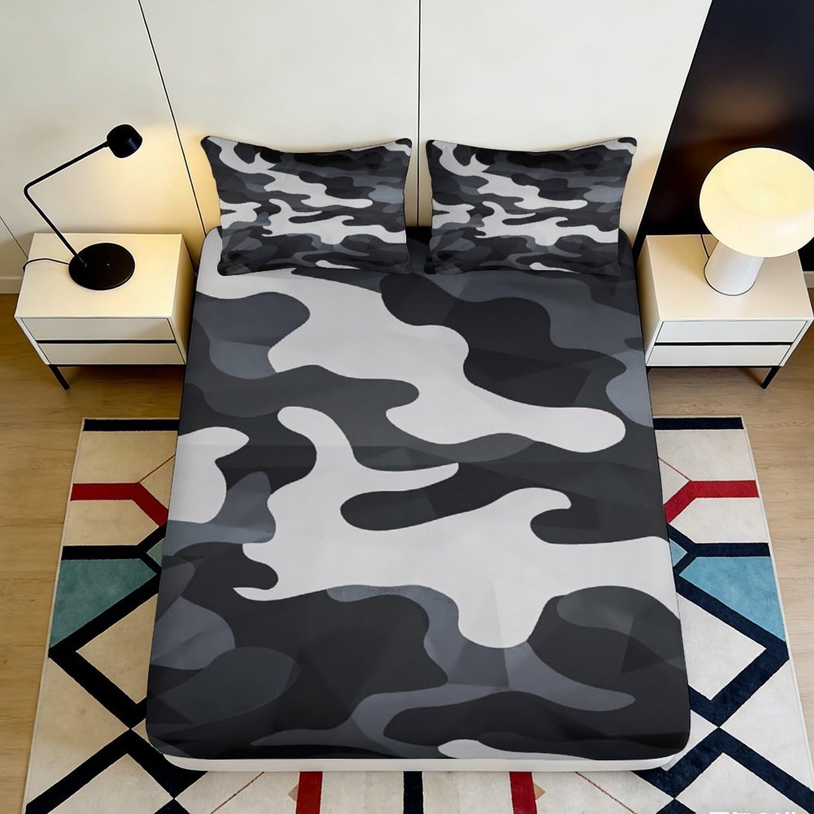 3D Printed Black Grey Camouflage Fitted Sheet Microfiber Soft Breathable Urban Camo Bed Cover for Bedroom Dorm Decor 90x200x25cm
