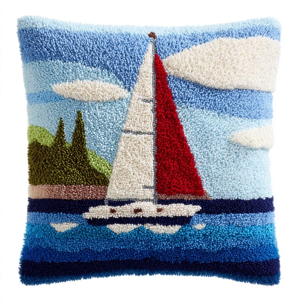 Taxpy DIY Latch Hook Kits, Sailboats at sea Cushions Pillow Case Embroidery Carpet Set Needlework Crocheting Cushion Embroidery Set 43x43cm