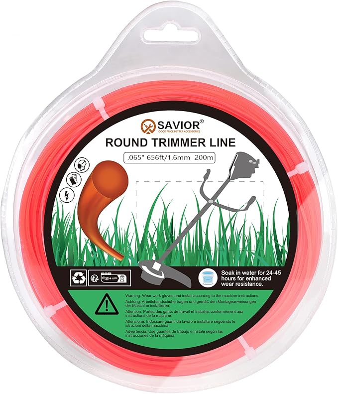SAVIOR Hilo de cortacésped, 1,6 mm x 200 m, Hilo de recortador, Hilo de Nailon, Hilo para desbrozadora, Hilo para desbrozadora de césped (1,6 mm x 200 m, Redondo, Naranja